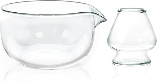 Matcha Bowl and Whisk Holder Set, Glass Matcha Bowl with Spout, Ceremonial Mixing Chawan, Clear Traditional Japanese Matcha Kit for Tea/Matcha Powder/Soup - Hammer Pattern