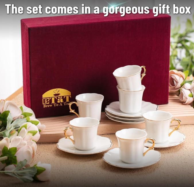 BTaT- Turkish Coffee Cup Set, 3 oz, 6 Pairs (12 pcs), Elegant White Cups & Saucers with Gold Trim & Gift Box, Small Porcelain Espresso Set for Serving Greek, Arabic & Turkish Coffee, Gift Giving