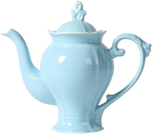 Fine Porcelain Light Blue English Teapot, Coffee Pot, Victoria Style, Light Weight, 37 Oz