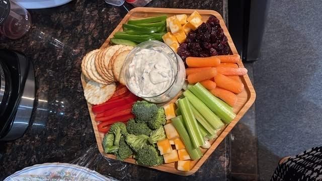 Bamboo Serving Trays Cutting Boards 16.5"x11.8"（42x30cm with Handle, Set Includes 0.63"(1.6cm) Thick Plates Hexagon 12.5"(32cm)+Square 7.8"(20cm)+Circle 7.8"(20cm) for Family Dinner Time