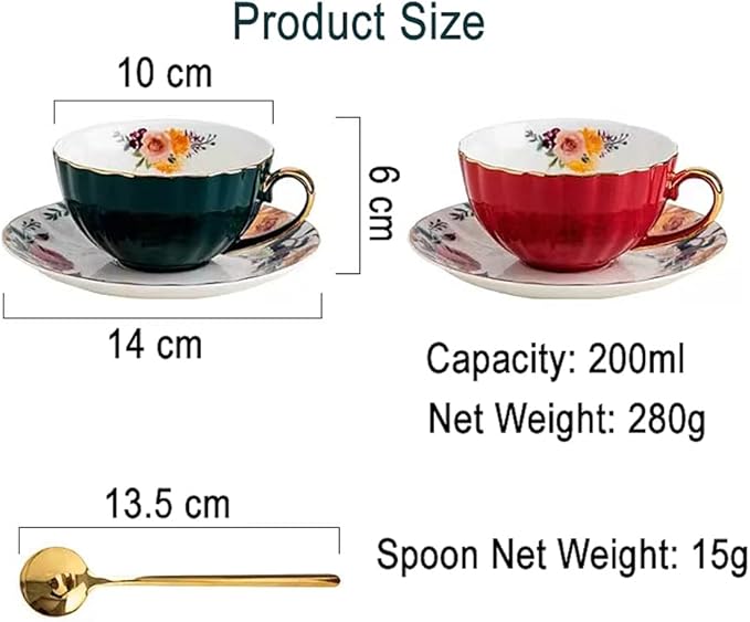Porcelain Tea Cup with Saucers and Spoon, 2 Sets of 8 Oz Floral Coffee Mug with Gold Trim Holder, Royal Ceramic Teacup Set, Espresso Latte Mugs for Wedding Birthday Party Table Supplies (Red + Green)