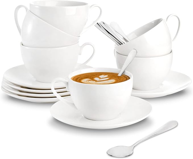 Foraineam Espresso Cups with Saucers and Spoons, 6 oz White Tea Cup Set, Porcelain Coffee Cup and Saucer Set with Stainless Steel Spoon for Specialty Coffee Drinks, Latte, Cafe Mocha and Tea, Set of 6
