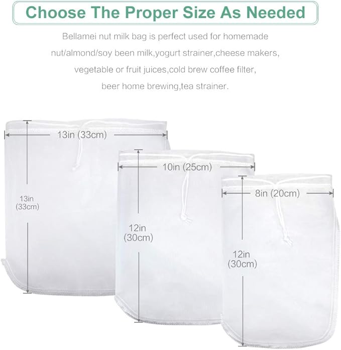 Nut Milk Bag Reusable 3 Pack Food Strainer Nut Bags for Straining Almond/Soy Milk Greek Yogurt Professional for Cold Brew Coffee Tea Beer Celery Juice Fine Nylon Mesh(8"x12"/10"x12"/13"x13")