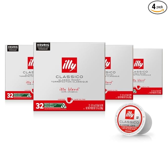 illy Coffee K Cup, Pods for Keurig Machines, Classico Medium Roast, 100% Arabica, Premium Italian Coffee, 32 Count, 4 Pack