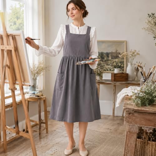Uaussi Cotton Linen Apron Cross Back Work Apron for Women with Pockets Pinafore Dress X Cross Halter Apron for Chef Gardening - Image 3