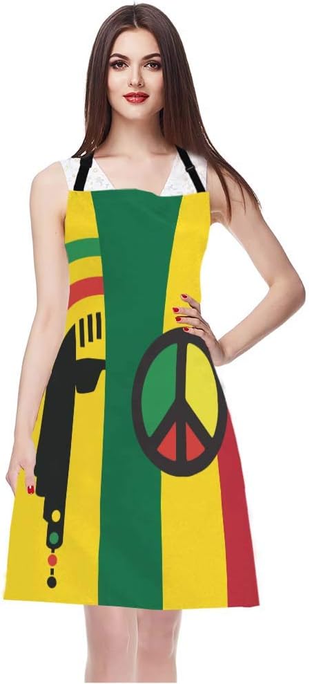 WONDERTIFY Reggae Culture Concept Design Apron,Jamaican Music Culture Hippie Rasta Style Yellow Green Red Bib Apron with Adjustable Neck for Men Women,Suitable for Home Kitchen Cook Baking BBQ Apron