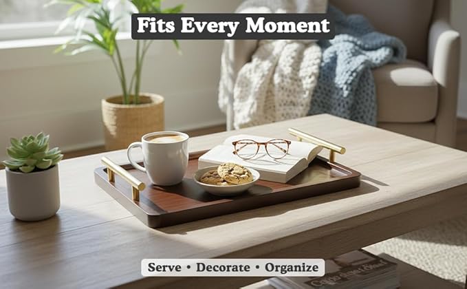 Zayvo Bamboo Serving Tray, Wood Serving Tray with Handles Breakfast Tray Decorative Tray for Living Room Kitchen Serving Platter Ottoman Tray Wood Bed Tray (Walnut Dark Brown, Medium