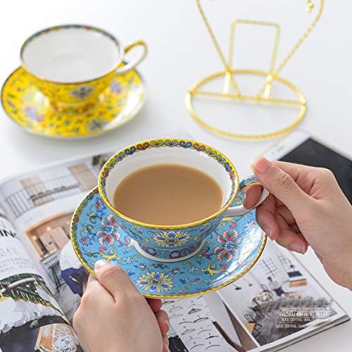 Cup& Saucer Set Bone China Tea Coffee Cup for Breakfast Afternoon Tea- Classic Enamel Patterns (Blue)