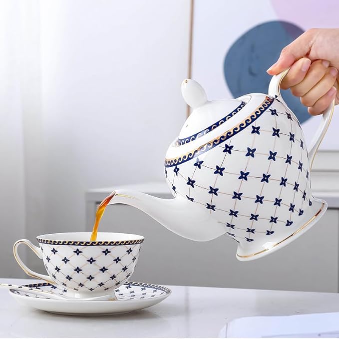 Porlien Royal Blue Star-night Porcelain 7-ounce Teacup and Saucer Set with 6-inch Coffee Spoon