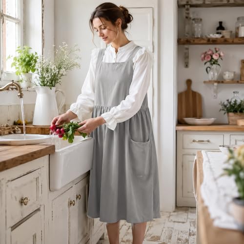 Uaussi Cotton Linen Apron Cross Back Work Apron for Women with Pockets Pinafore Dress X Cross Halter Apron for Chef Gardening - Image 4