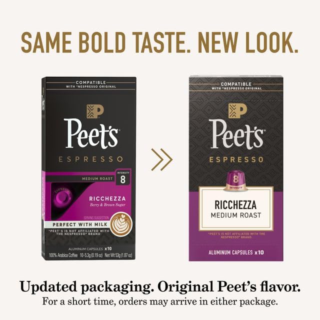 Peet's Coffee, Medium Roast Espresso Capsules, Compatible with Nespresso Original Machine, 100% Arabica Coffee - Ricchezza Intensity 8, 100 Count (10 Boxes of 10 Espresso Capsules)