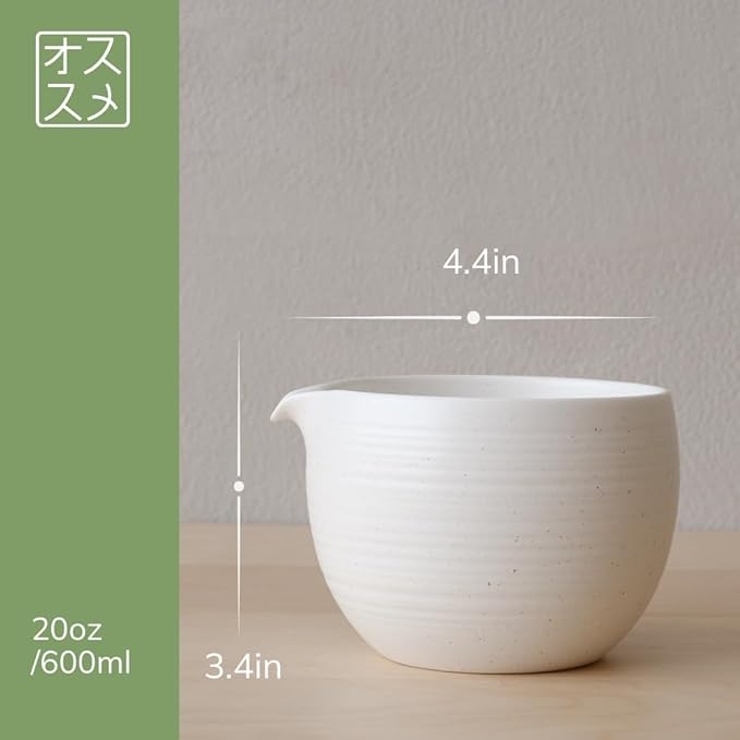 Matcha Whisk Set, Ceramic Matcha Bowl & Whisk Holder, Bamboo Accessory, Modern Design (Matte Crème, Pouring Spout) (Matte White)