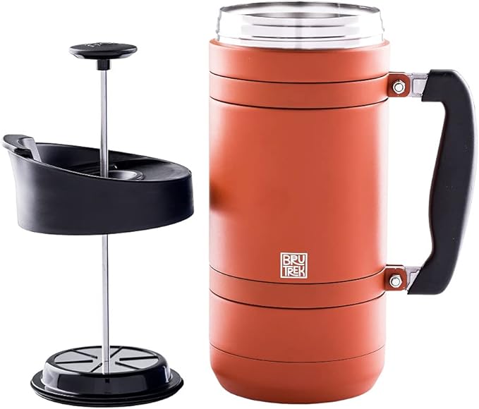 BruTrek® by Planetary Design BaseCamp Coffee Press - Double Wall Insulated Stainless Steel - Bru-Stop Technology, No Grounds in Coffee, No Spill Lid (Red Rock, 48 fl.oz)