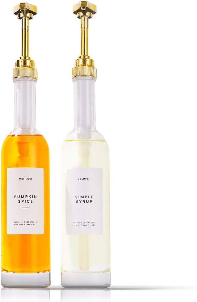 MoliMoli Coffee Syrup Dispenser for Coffee Bar, 350mlCoffee Pump Dispenser, Glass Syrup Bottle w. Pumps, Simple Syrup Dispenser w. Labels,Set of 2, (Gold) by MoliMoli