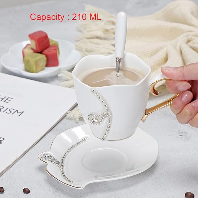 Ceramic Tea Cup and Saucer Set Decorative Rhinestone Coffee Mug Gift for Women 7oz (White)
