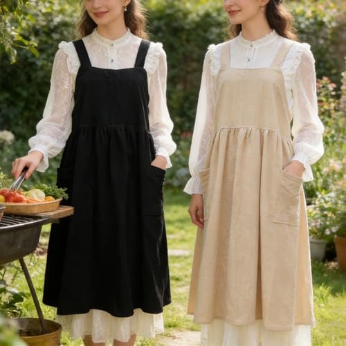 Uaussi Cotton Linen Apron Cross Back Work Apron for Women with Pockets Pinafore Dress X Cross Halter Apron for Chef Gardening - Image 3