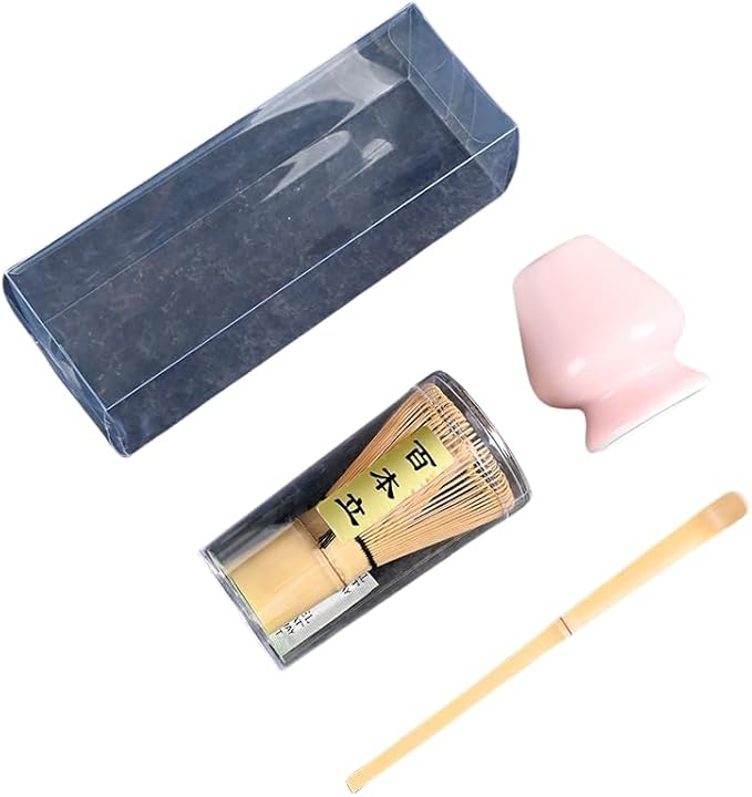 Japanese Matcha Tea Set, Bamboo Whisk (Chasen) + Matcha Scoop (Chashaku)+Ceramic Whisk Holder,fit for Japanese Tea Matcha Tea,Matcha Latte Accessories (K)
