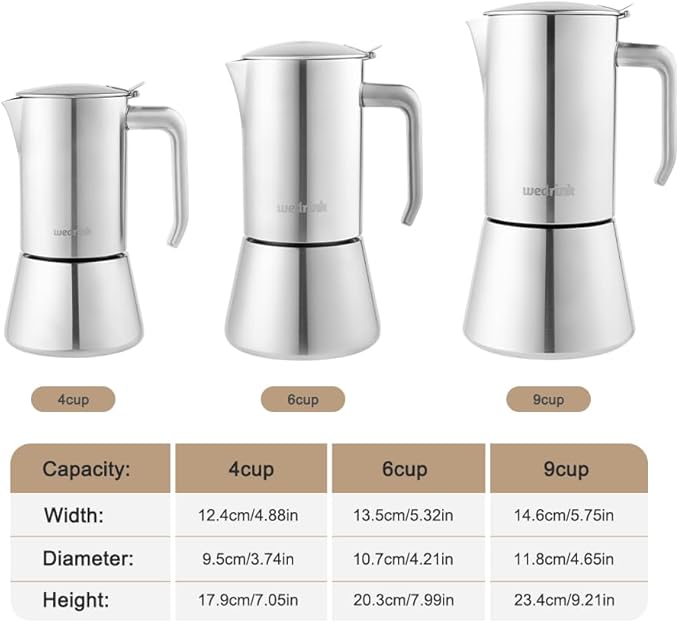 wedrink Stovetop Espresso Maker 4 Espresso Cups Stainless Steel Moka Pot for Greca, Induction, Electric & Gas Stoves(6.5 OZ/200ml)