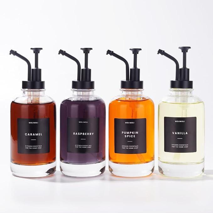 Molimoli Coffee Syrup Dispenser Set of 4, Glass Bottles with Pump, Maple & Coffee Syrup, Black by MoliMoli