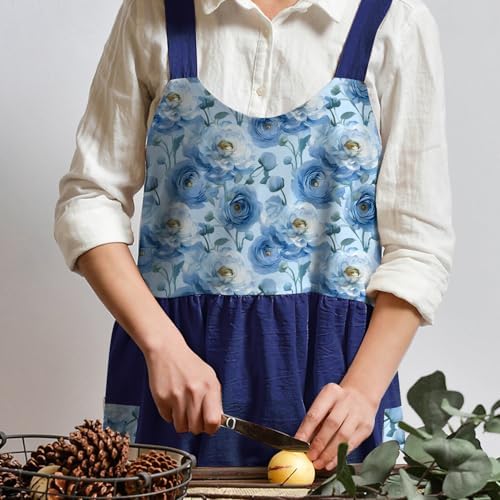Uaussi Cotton Linen Apron Cross Back Work Apron for Women with Pockets Pinafore Dress X Cross Halter Apron for Chef Gardening - Image 2