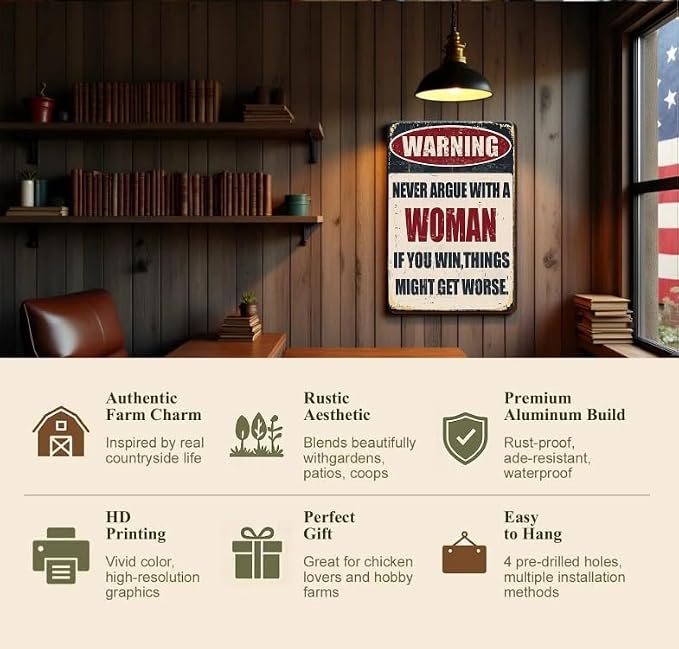 Funny Metal Warning Sign – “Never Argue with a Woman, If You Win Things Might Get Worse” – 8x12 Inch Vintage Tin Wall Decor for Man Cave, Bar, Garage, Pub – Waterproof & Durable Gift for Men or Women - Image 6