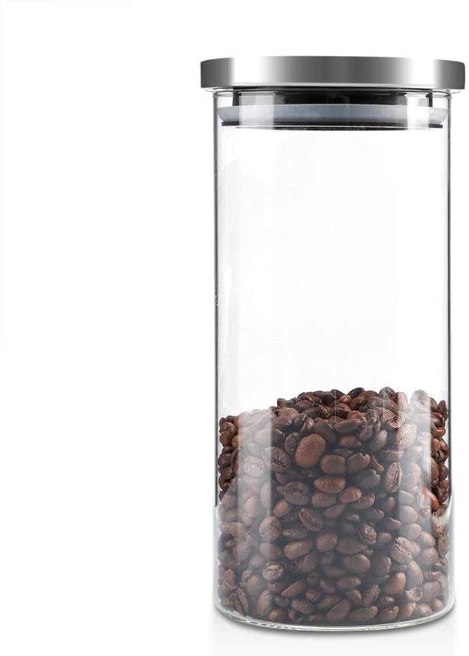 Bewinner Glass Coffee Bean Container, 1000ML Glass Storage Jar Coffee Beans Kitchen Food Container with Stainless Steel Lid for Use Storing Cookies, Sugar, Flour, Coffee(1000ML)