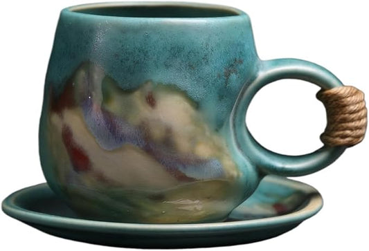 8oz Small Vintage Japanese Style Handmade Ceramic Tea Cup with Saucer , Lead-Free Cappuccino Mug, Artisanal Coffee Mug with saucer set,Handcrafted mug with handle, For Espresso, Latte ,Teal Green