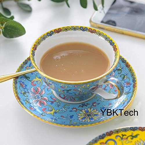 Cup& Saucer Set Bone China Tea Coffee Cup for Breakfast Afternoon Tea- Classic Enamel Patterns (Blue)