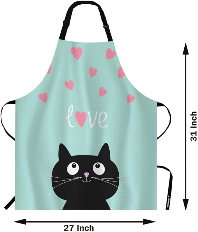 WONDERTIFY Black Cat Apron,Pink Hearts and Cute Cartoon Cat Blue Background Bib Apron with Adjustable Neck for Men Women,Suitable for Home Kitchen Cooking Waitress Chef Grill Bistro Baking BBQ Apron