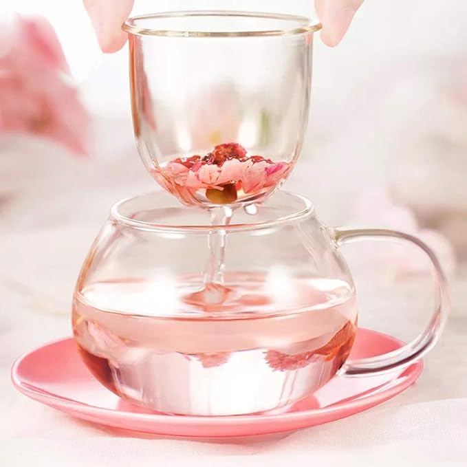 Mushroom Tea Cup Set, Cute Glass Tea Cups and Saucers, Kawaii Tea Cup with Infuser for Loose Leaf Tea Steeper, Coffee Mug Christmas Gifts for Women, Tea Infuser Mug with Lid for Mother Girls (Orange)