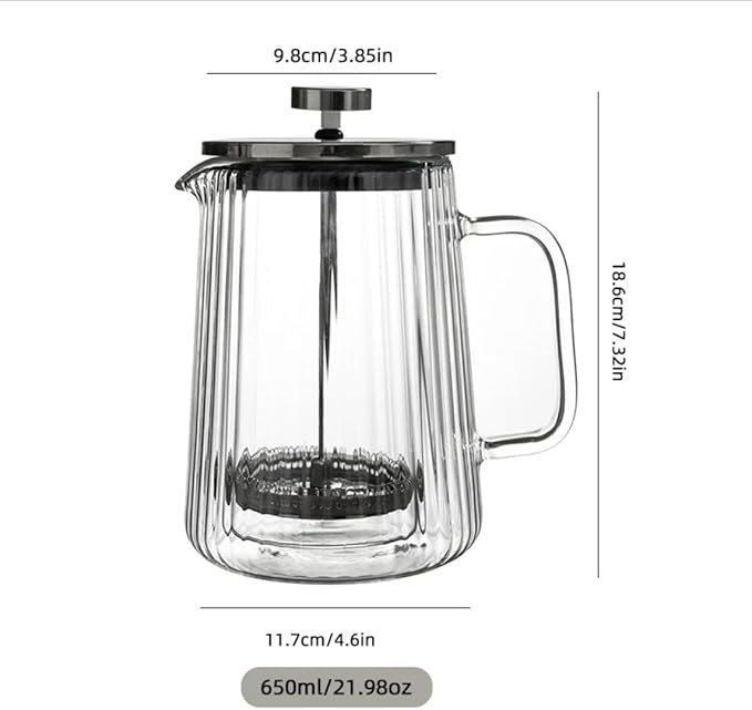 French Press Coffee Maker – 650ml / 22oz – Ribbed Glass Design – Borosilicate Glass with Stainless Steel Filter –Serves Small 4–5 cups