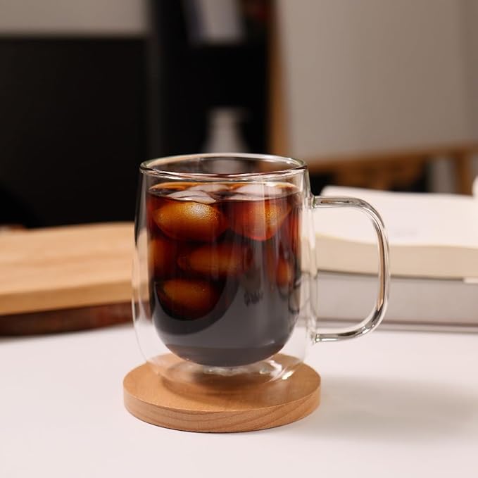 CNGLASS Large Double Wall Glass Coffee Mug 15.2oz,Clear Insulated Glass Espresso Cup with Big Handle,set of 1