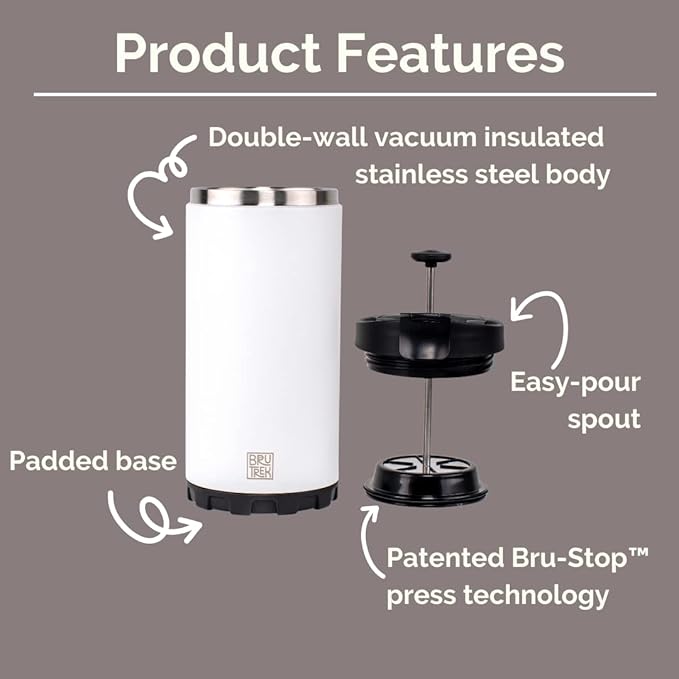BruTrek® by Planetary Design Steel Toe 3.0 Travel Coffee Press - Brew 20 fl.oz On The Go - No Spill Lid, Double Wall Vacuum Insulated Stays Hot for Hours, French Press Coffee (Storm Gray)
