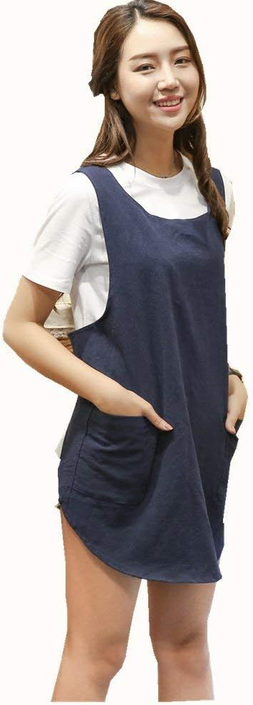 Shortened Design Apron, Japanese Style Soft Cotton Linen Apron with Two Side Pockets, X Cross Halter Aprons, Kitchen Cooking Clothes Gift for Women DIY Project, Crafting, Cooking, Baking(Navy Blue) - Image 2