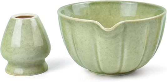 Artcome Matcha Bowl with Pouring Spout and Whisk Holder Set – Premium Ceramic Matcha Tea Bowl with Convenient Spout and Bamboo Whisk Stand for Traditional Japanese Tea Ceremony
