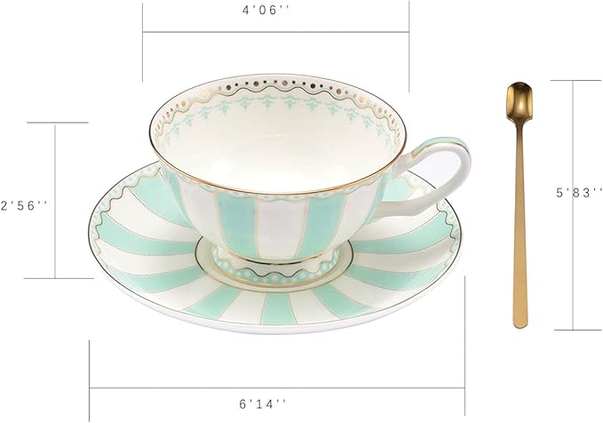 Bone China Tea Cup Set with Saucer Spoon - 3 Piece Set (7oz) - Cappuccino & Latte Cups - Mother's Day Gift