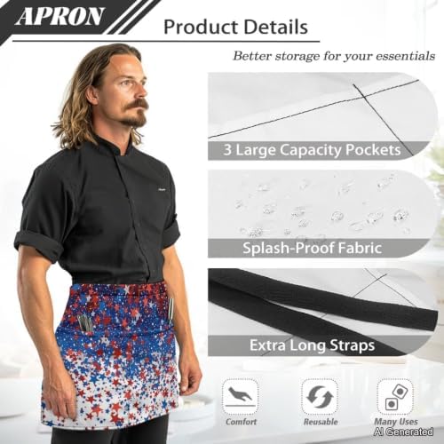 Server Apron with 3 Pockets 13 Inch Short Half Waist Aprons Waterproof Cooking Aprons for Women Men - Image 6