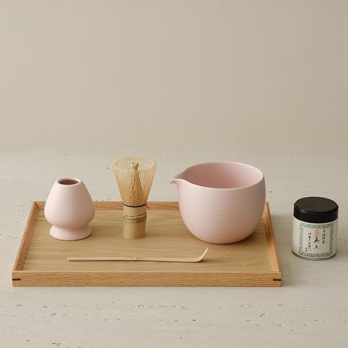 Matcha Whisk Set, Ceramic Matcha Bowl & Whisk Holder, Bamboo Accessory, Modern Design (Matte Crème, Pouring Spout) (Matte Soft Pink)