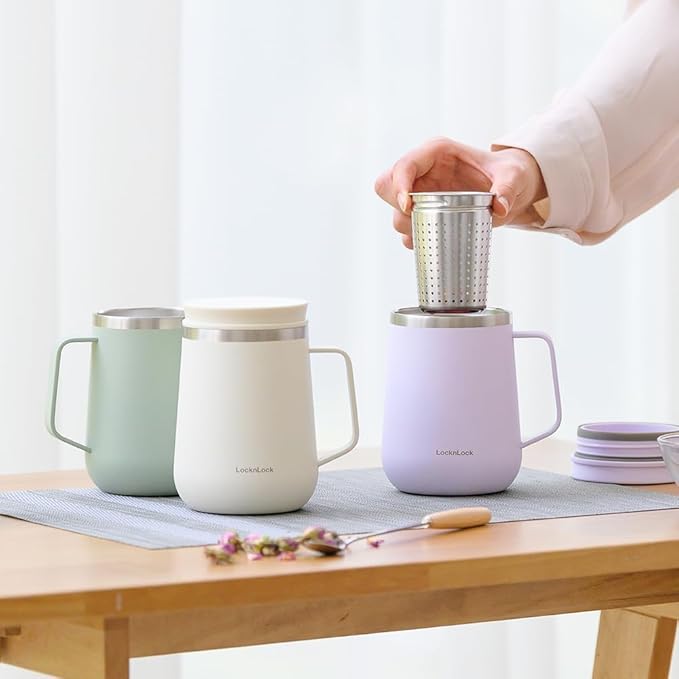 LocknLock Metro Tea Mug Violet 13oz/400ml, Tea and Coffee Mug Cups with Tea Infuser Strainer, Lid and Handle, Double Wall Stainless Steel Vacuum Insulated Travel Tumbler