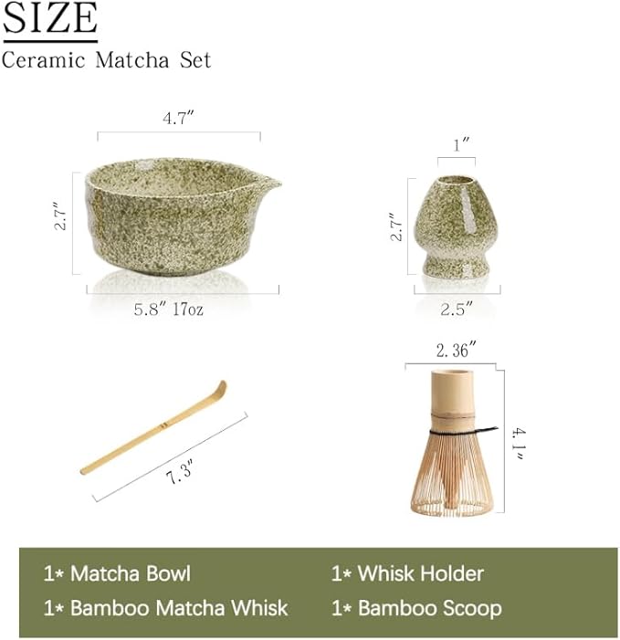 Matcha Tea Set with Matcha Green Ceramic Bowl, Fine Mesh Strainer and Bamboo Scoop, Japanese Style Matcha Accessories for Home Tea Ceremony.