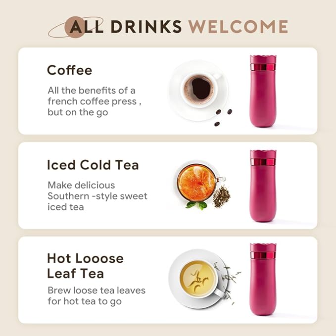 BENFUCHEN Travel Coffee Press, Vacuum Insulated Portable French Press, Stainless Steel Portable Coffee Maker/Tea Press, 12oz, Rose Red
