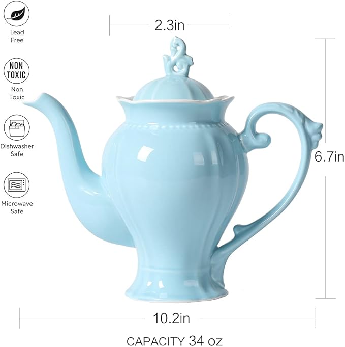 Fine Porcelain Light Blue English Teapot, Coffee Pot, Victoria Style, Light Weight, 37 Oz