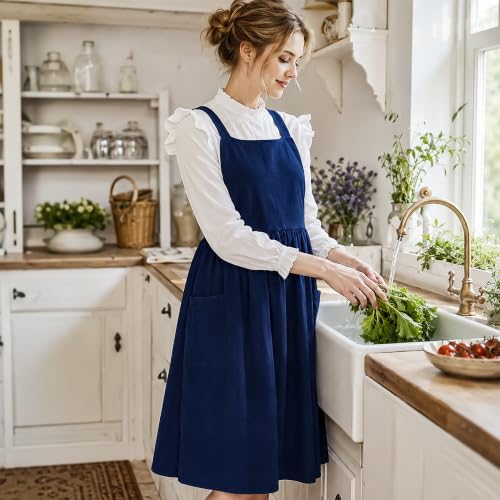 Uaussi Cotton Linen Apron Cross Back Work Apron for Women with Pockets Pinafore Dress X Cross Halter Apron for Chef Gardening - Image 4
