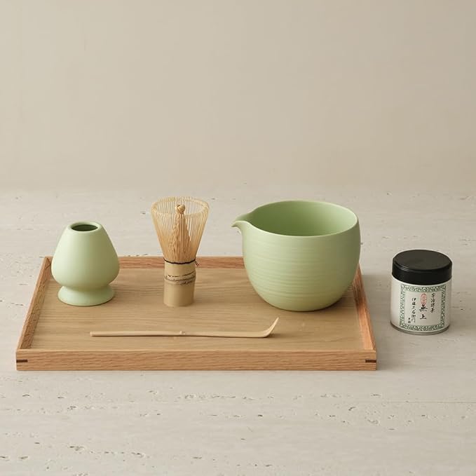 Matcha Whisk Set, Ceramic Matcha Bowl & Whisk Holder, Bamboo Accessory, Modern Design (Matte Crème, Pouring Spout) (Mint Green)