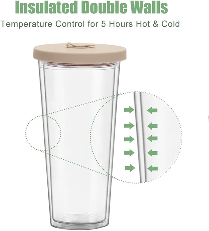 2 Pack Reusable Boba Tea Cups, 24oz Iced Coffee Cup with Straw and Lid, Leakproof Clear Plastic Cups Tumbler, Double Wall Insulated Smoothie Tumbler, Wide Straw for Bubble Tea, Cinnamon&Olive