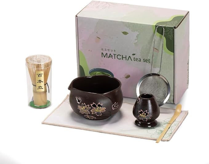 Japanese Matcha Tea Set with Hand-Painted Cherry Blossoms, Ceramic Matcha Bowl, Bamboo Whisk & Scoop – Traditional Tea Ceremony Kit, Gift Box Included