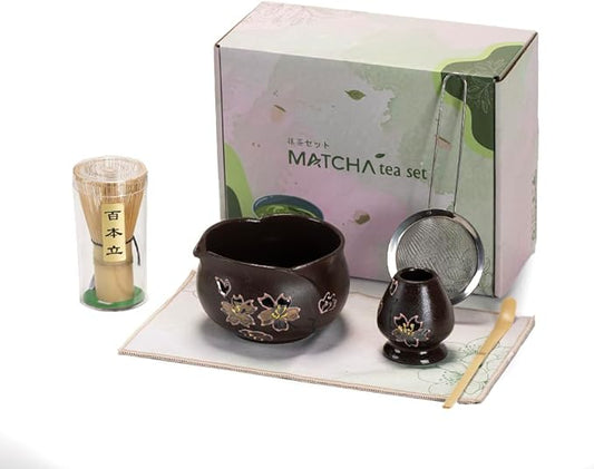Japanese Matcha Tea Set with Hand-Painted Cherry Blossoms, Ceramic Matcha Bowl, Bamboo Whisk & Scoop – Traditional Tea Ceremony Kit, Gift Box Included