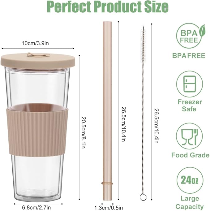 2 Pack Reusable Boba Tea Cups, 24oz Iced Coffee Cup with Straw and Lid, Leakproof Clear Plastic Cups Tumbler, Double Wall Insulated Smoothie Tumbler, Wide Straw for Bubble Tea, Cinnamon&Olive