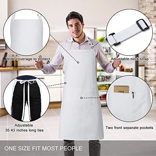 Jubatus 1 Pack Bib Aprons with 2 Pockets Cooking Chef Kitchen Apron for Women Men, White - Image 2