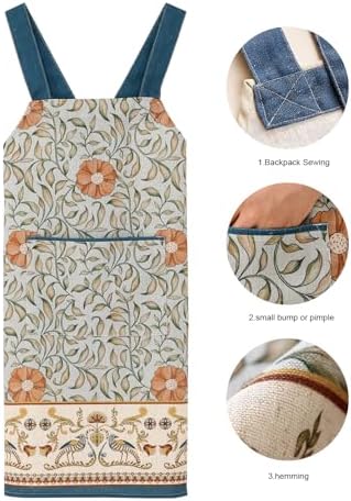 patdrea Blue Floral Linen Apron with Pocket,French Kitchen Garden Chef BBQ Aprons for Women and Men,Crisscross Back Straps - Image 4